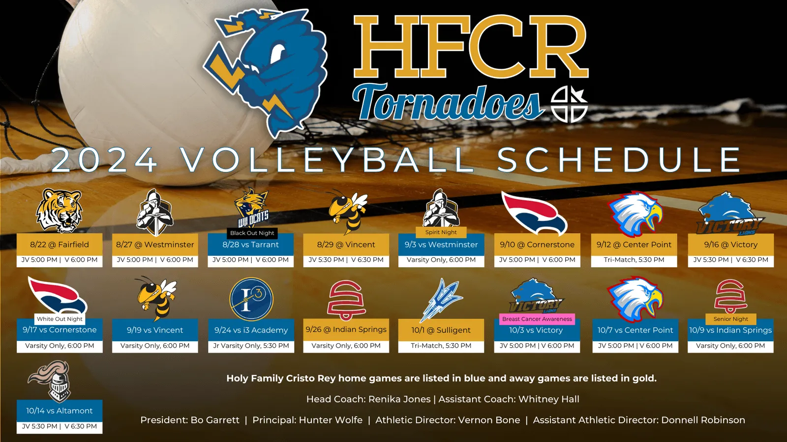 Graphic showing the Holy Family Cristo Rey volleyball match schedule for 2024