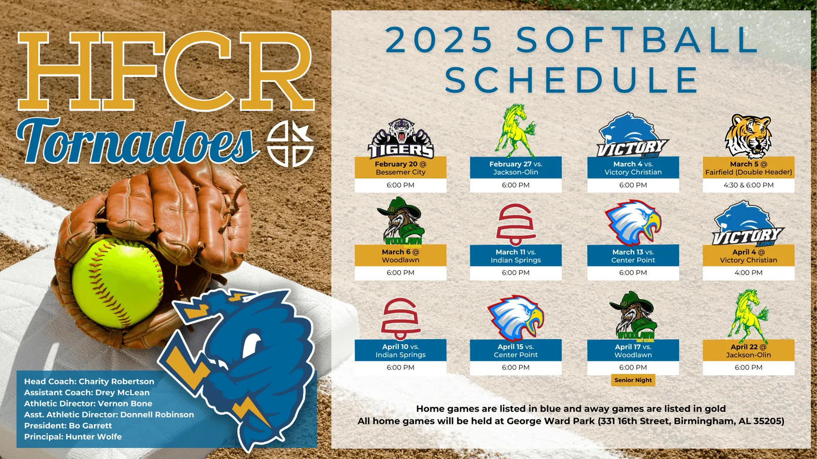 Graphic showing the Holy Family Cristo Rey softball game schedule for 2025