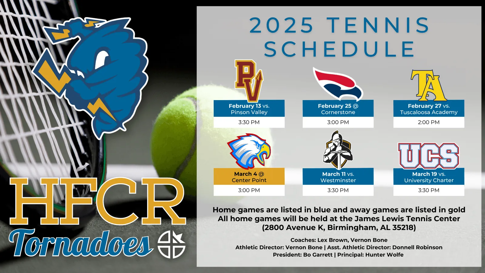 Graphic showing the Holy Family Cristo Rey tennis match schedule for 2025