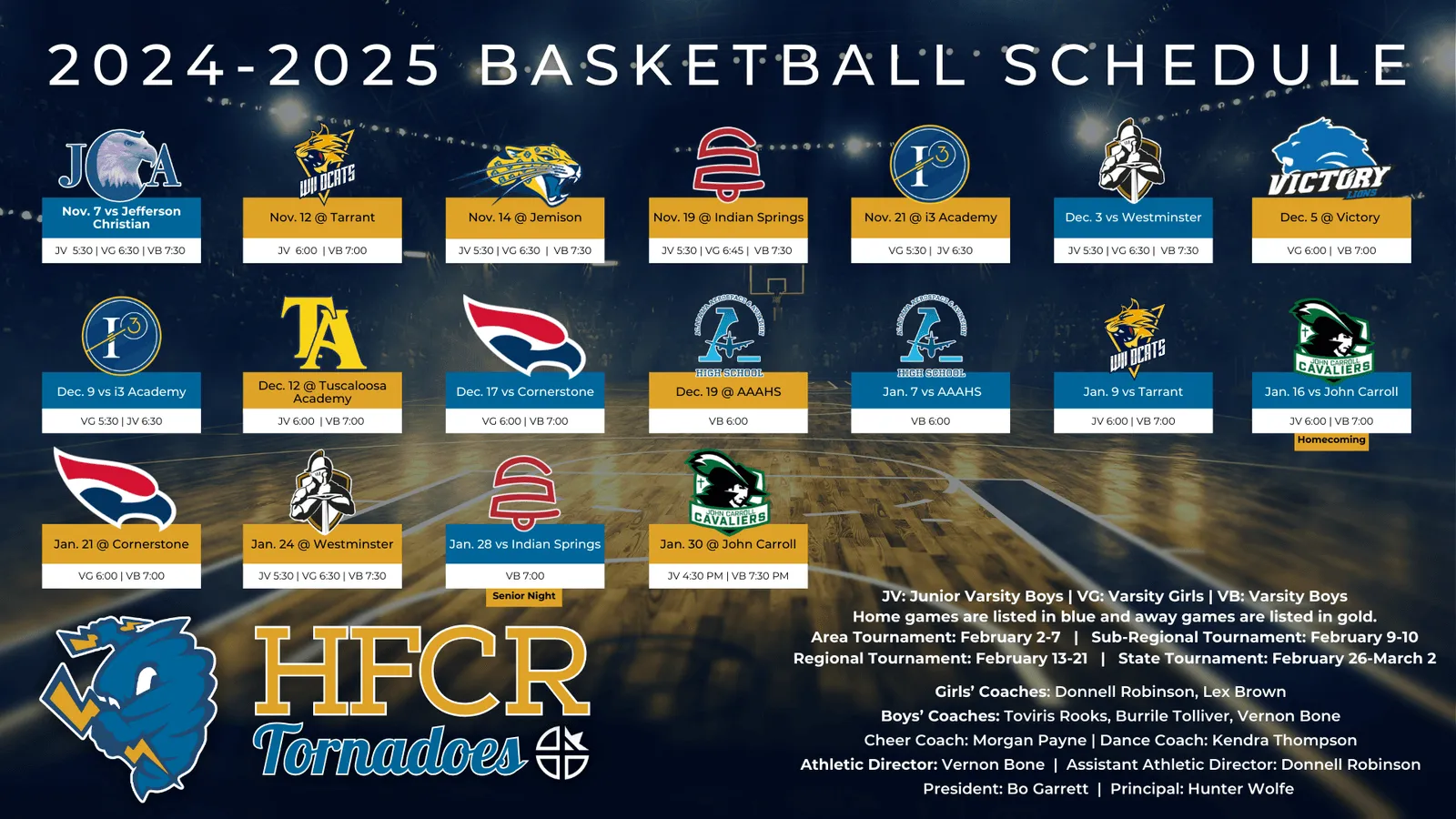 Graphic showing the Holy Family Cristo Rey basketball game schedule for 2024-2025