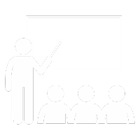 Clip art showing a stick-figure person holding chalk in front of a chalkboard, with three additional stick figures appearing to be sitting in front of the chalk board.
