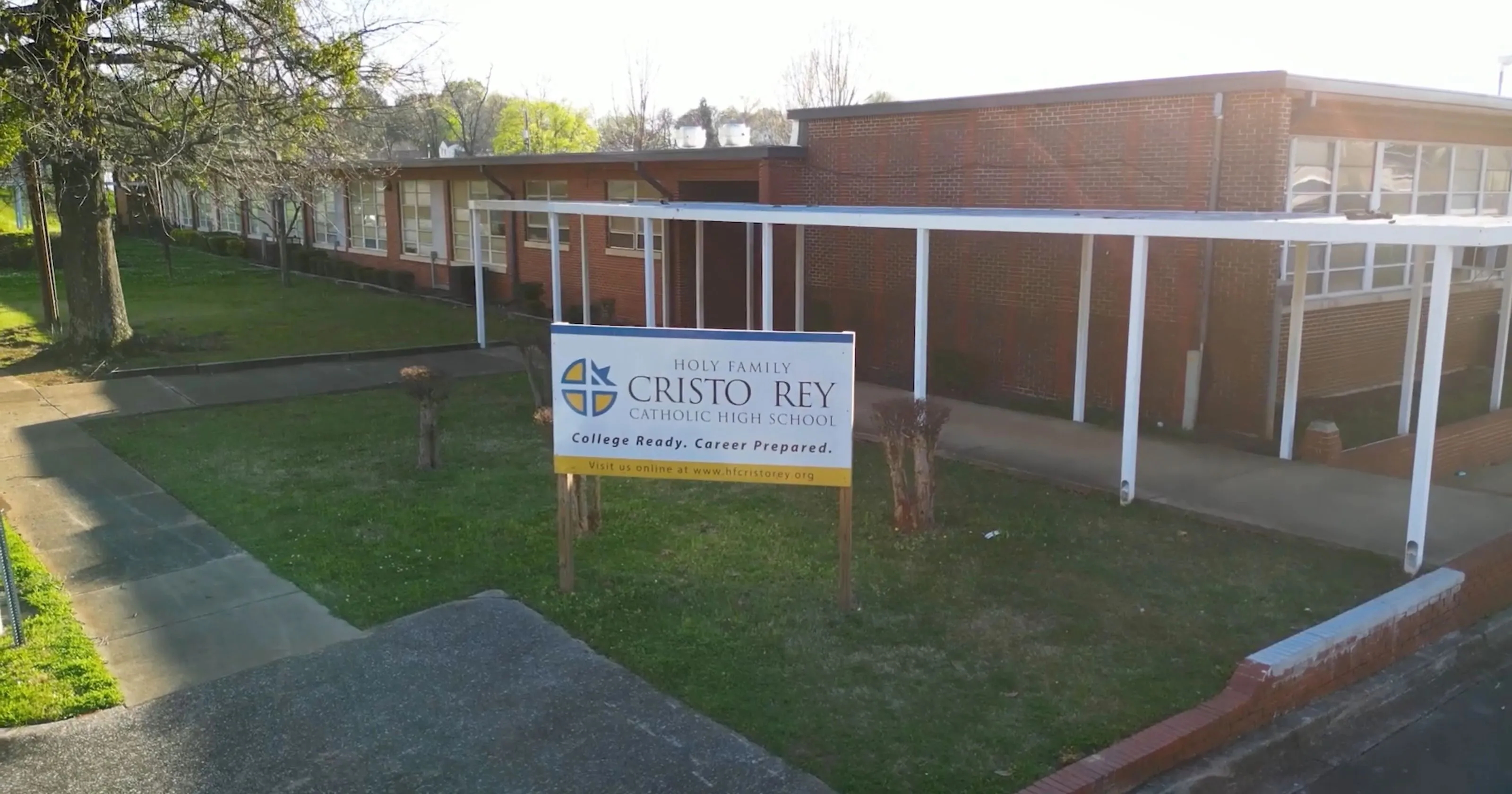 Aerial shot of Holy Family Cristo Rey Catholic High School's building