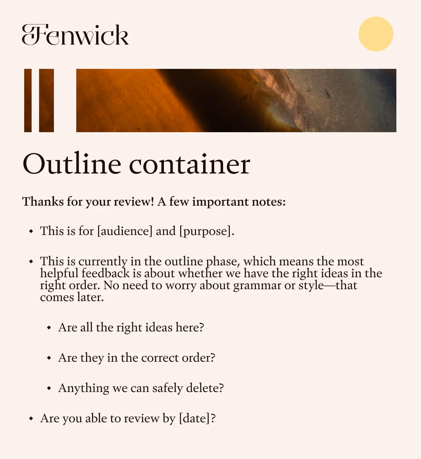 A fenwick methodology diagram about where we expalin to clients precisely the "container for feedback" we hope to receive