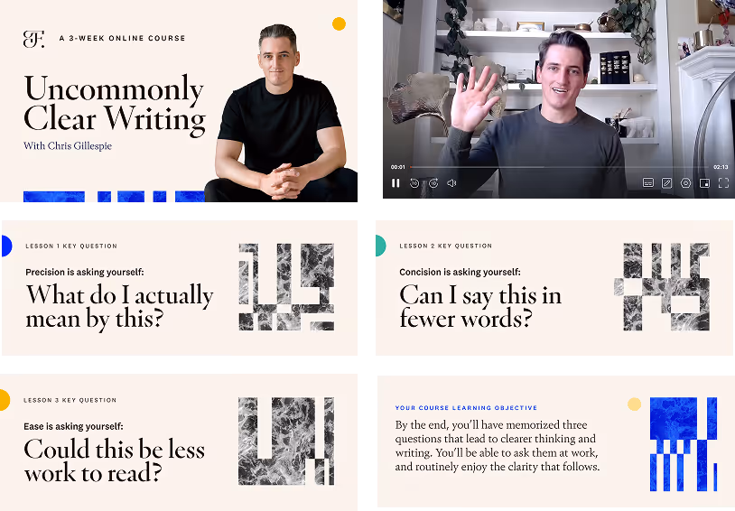Screenshots of videos and diagrams from the Fenwick writing course uncommonly clear writing