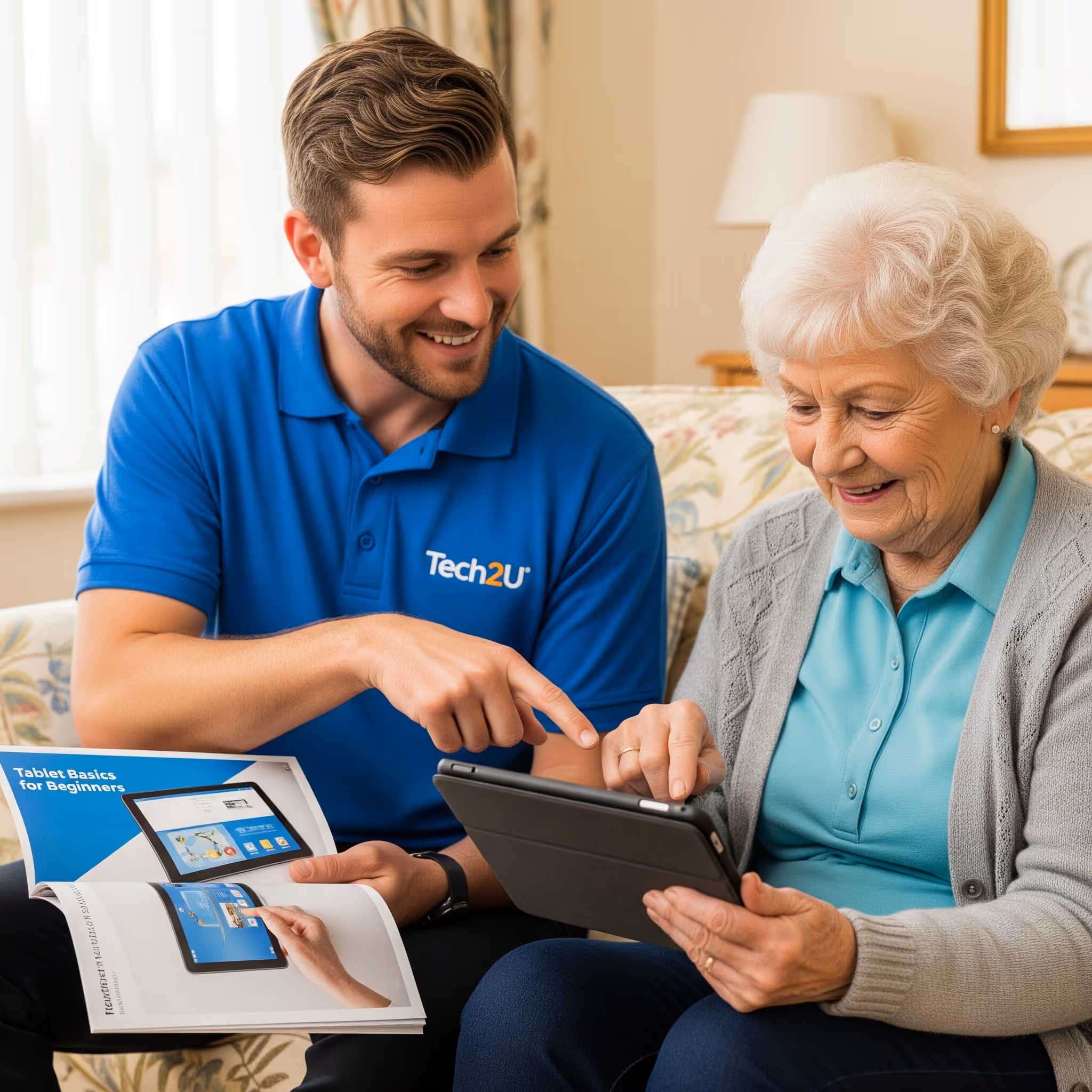 Friendly Tech showing elderly how to use a tablet