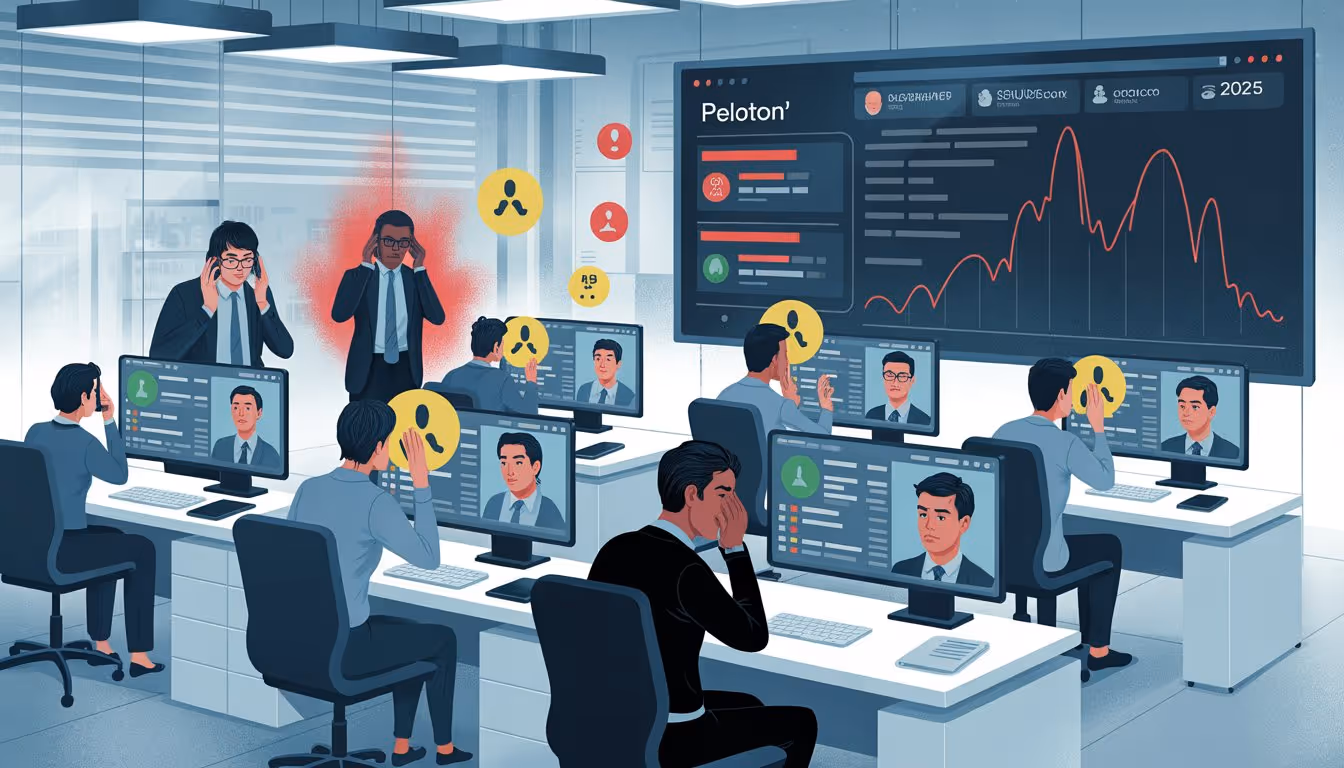 A futuristic customer service center with stressed representatives handling multiple calls and holographic screens showing complaints and delays.