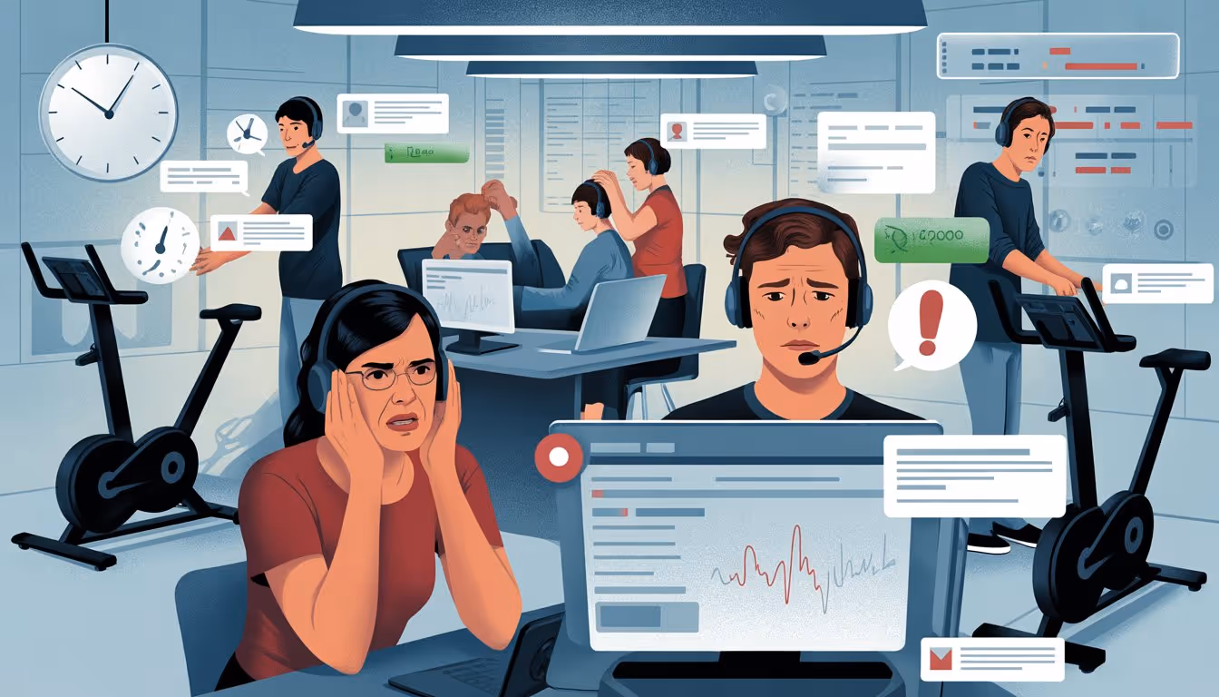 A customer support agent and a frustrated customer in a busy call center with multiple screens showing messages and notifications, surrounded by Peloton exercise bikes and digital service metrics.
