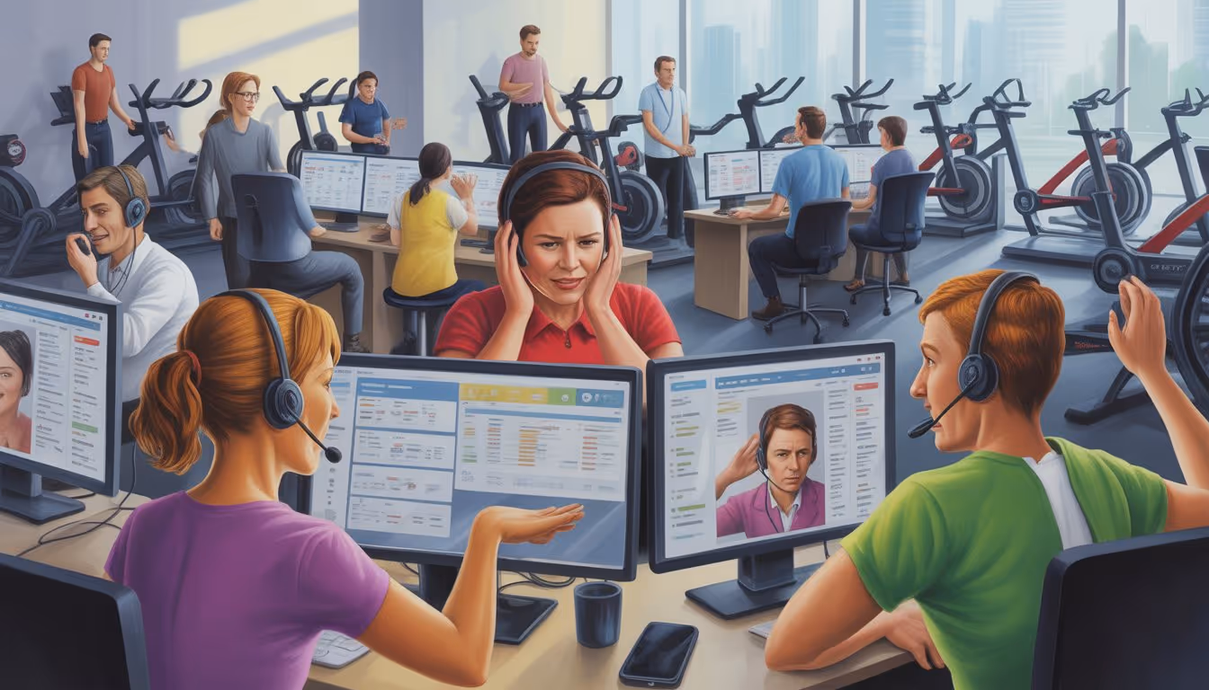 A busy customer service center with agents wearing headsets, interacting with customers through screens, showing some agents stressed while futuristic Peloton exercise bikes are visible in the background.