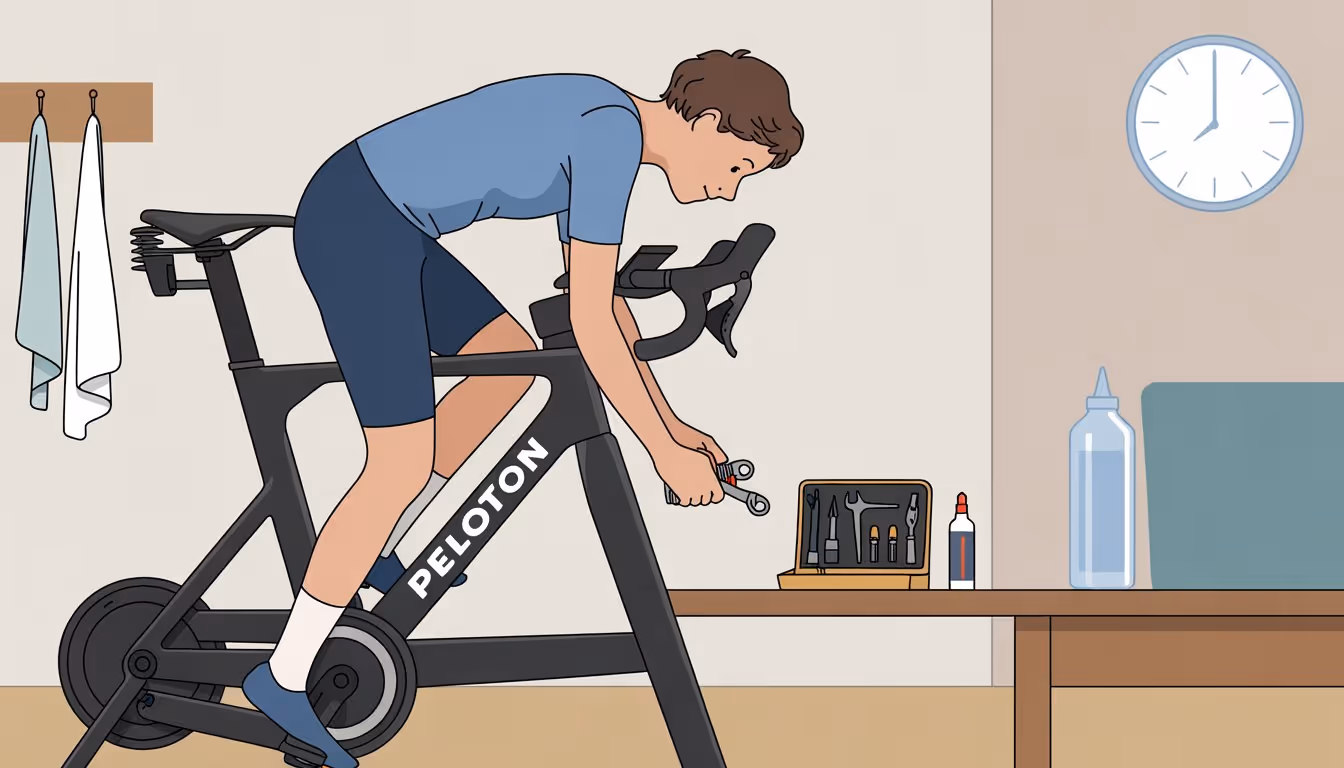A person checking and adjusting a stationary Peloton bike at home with a small toolkit nearby.
