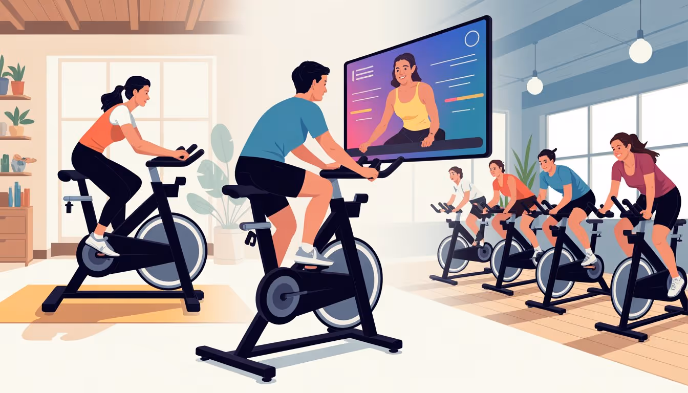 A person riding a fitness bike alone at home, interacting with an online instructor on a screen, and participating in a group cycling class with others.