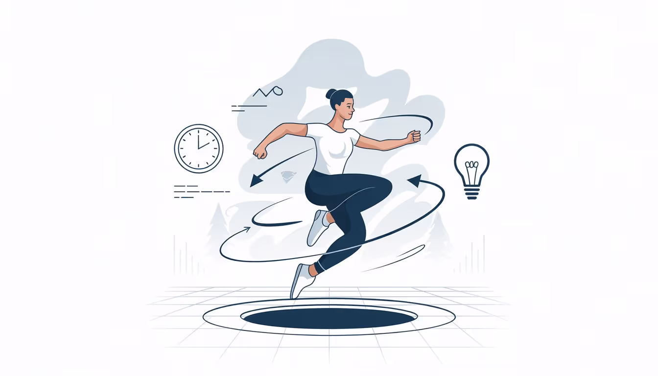 A person performing a smooth spin with motion lines and icons representing timing, technique, and momentum around them.