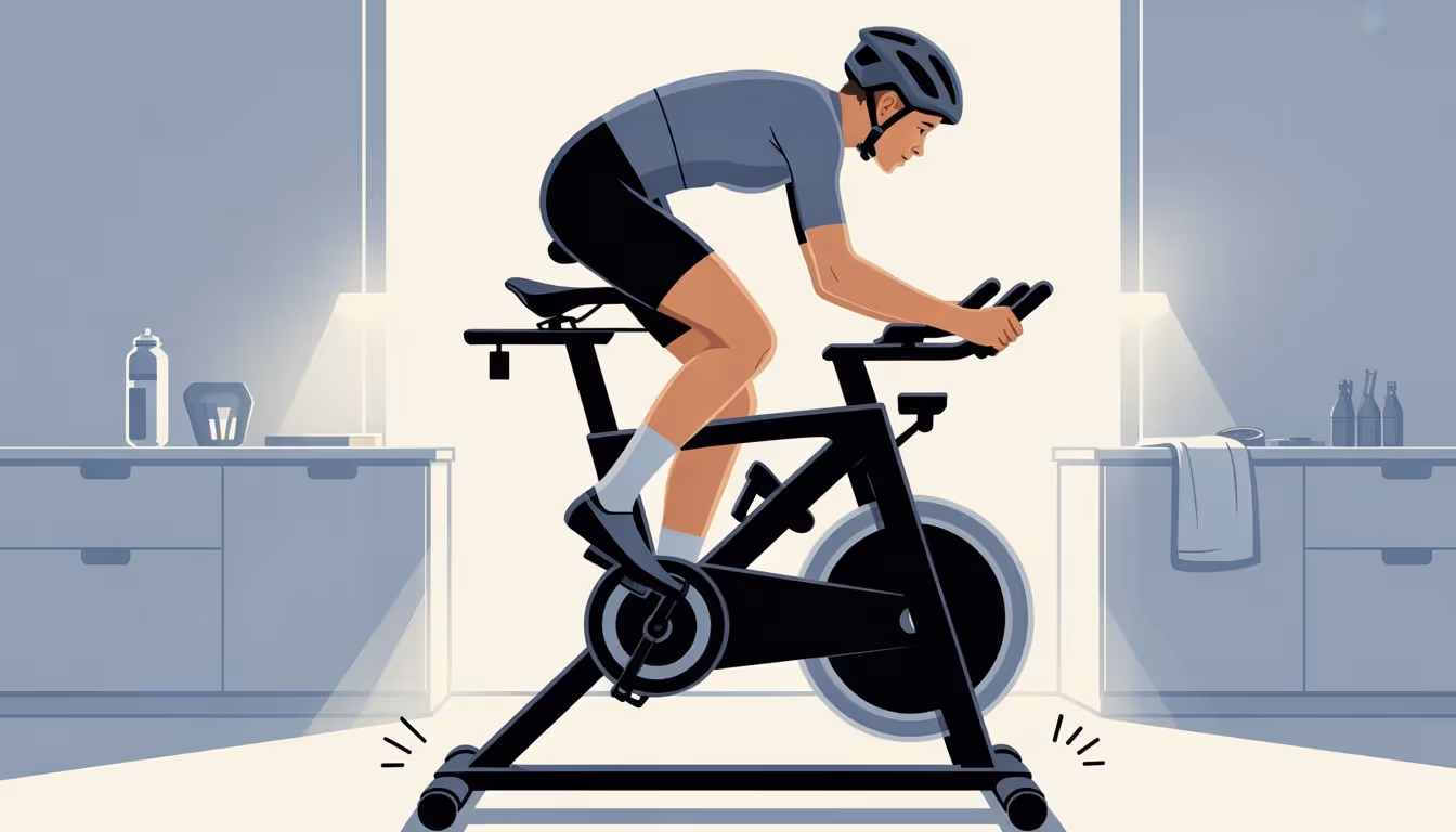 A person riding a stationary spin bike indoors, demonstrating correct posture and bike adjustments for an effective cycling workout.