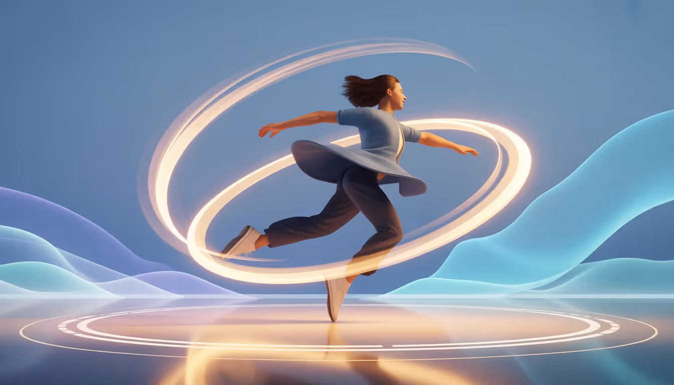 A person spinning gracefully on a dance floor with motion trails showing smooth and effortless movement.