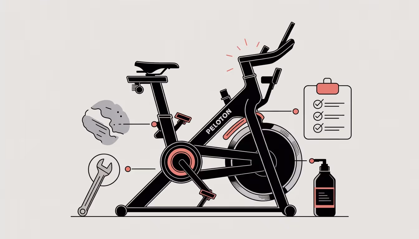 A Peloton exercise bike with highlighted parts that commonly fail, surrounded by tools and symbols representing maintenance and prevention.