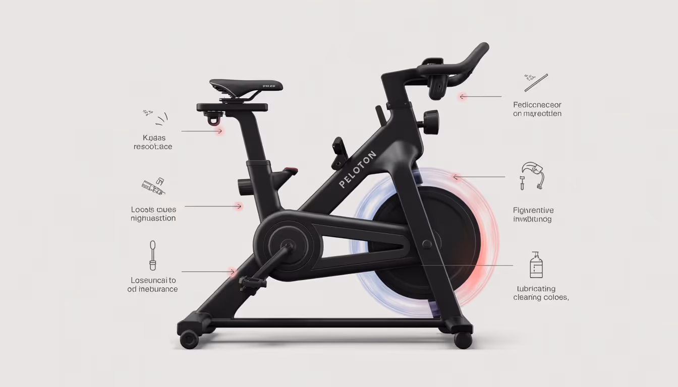 Close-up illustration of a Peloton bike highlighting key parts prone to failure with visual indicators and maintenance tools around it.