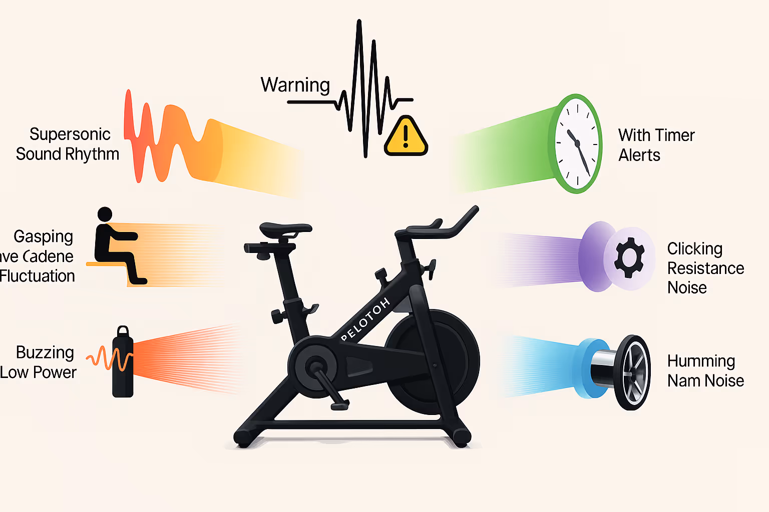Diagram of a Peloton bike with labeled sound issues including clicking, squealing, rattling, and whirring, shown with icons around the bike.