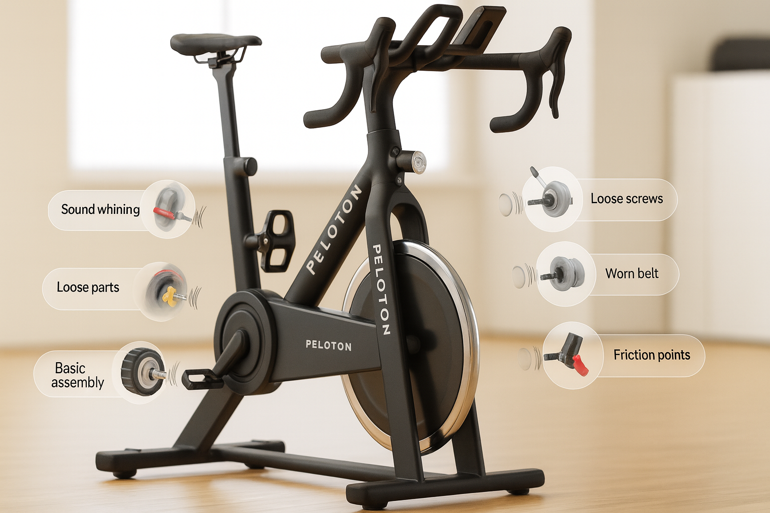 Side view of Peloton bike with close-up callouts showing mechanical issues like loose screws, worn belts, and squeaky parts in a clean home gym.