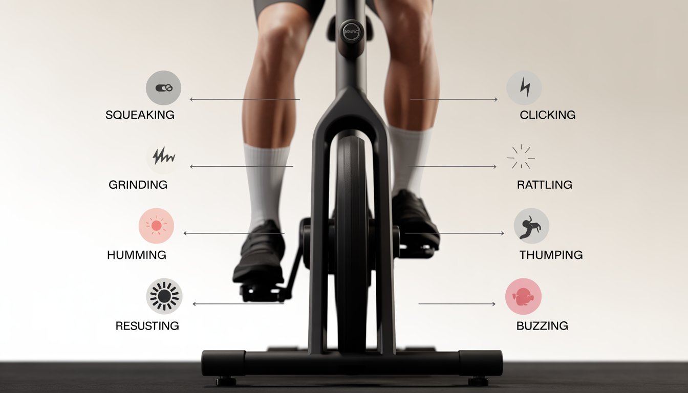 Close-up view of a Peloton bike highlighting its mechanical parts with seven icons around it showing different noises coming from specific areas of the bike.