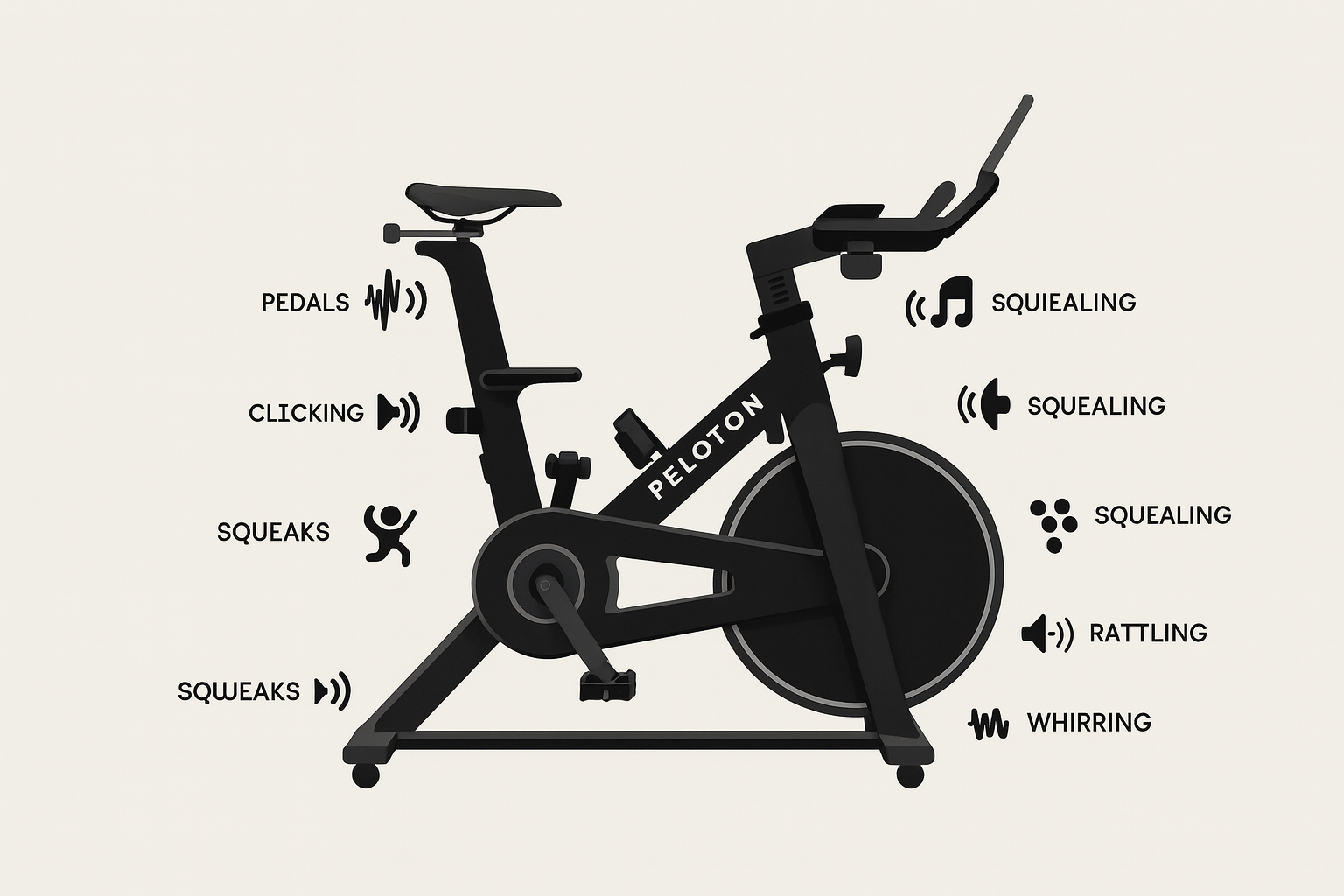 Peloton stationary bike highlighting sound whining, loose parts, basic assembly, worn belt, and friction points with labeled callouts and close-up views.