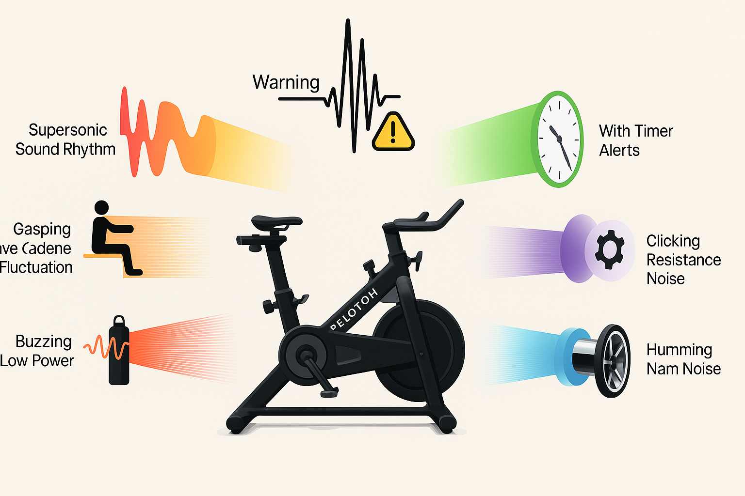 Diagram of a Peloton bike with labeled sound issues including clicking, squealing, rattling, and whirring, shown with icons around the bike.