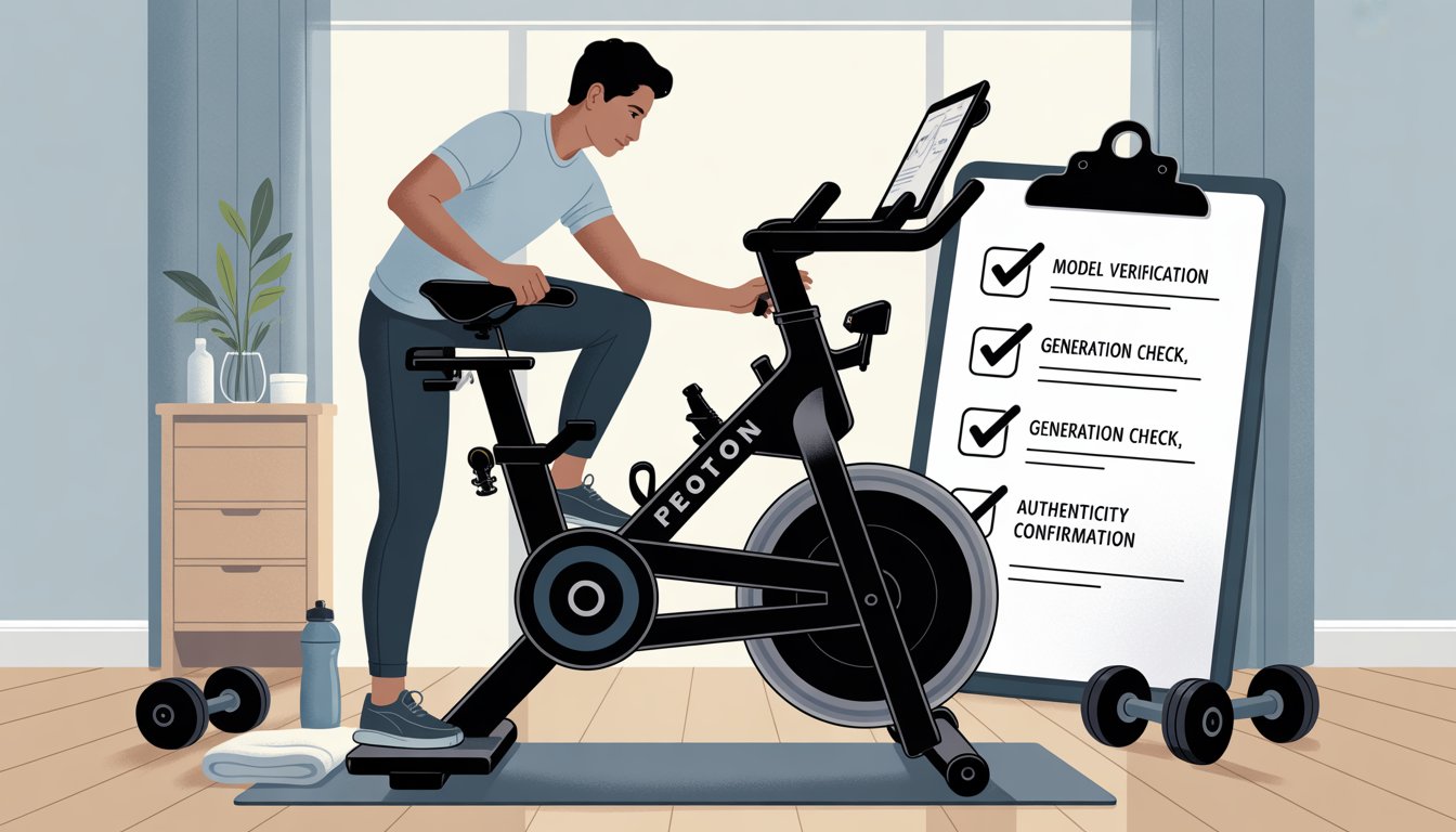A person inspecting a used Peloton exercise bike in a home gym, carefully checking its parts with fitness equipment nearby.