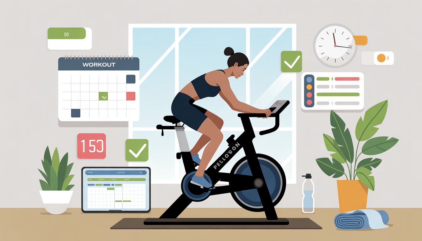 A person exercising on a Peloton bike in a bright room with a calendar, workout plan on a tablet, and fitness accessories nearby.