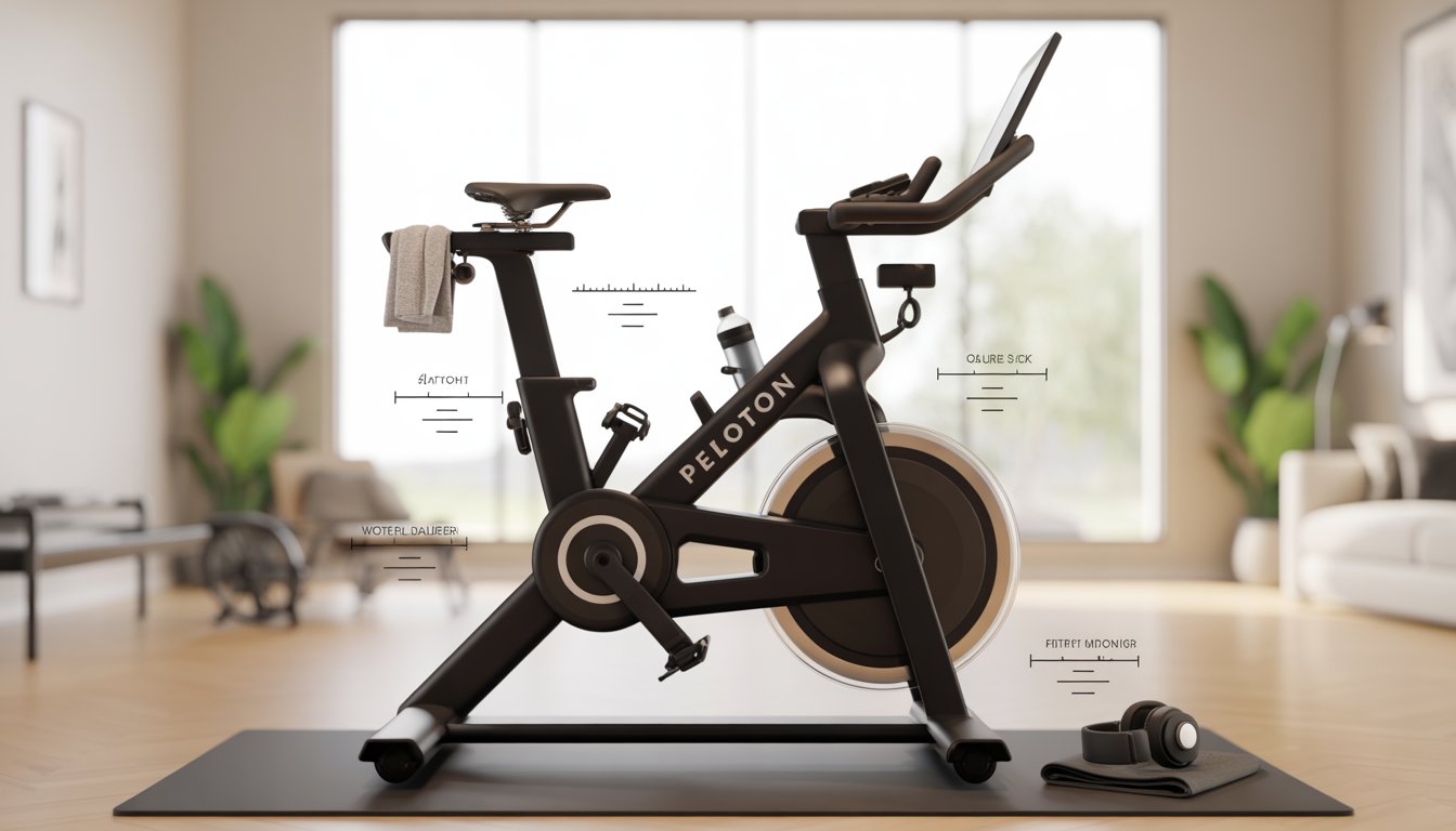 A Peloton bike set up in a bright indoor workout room with accessories like a water bottle, towel, fitness tracker, and workout mat nearby.