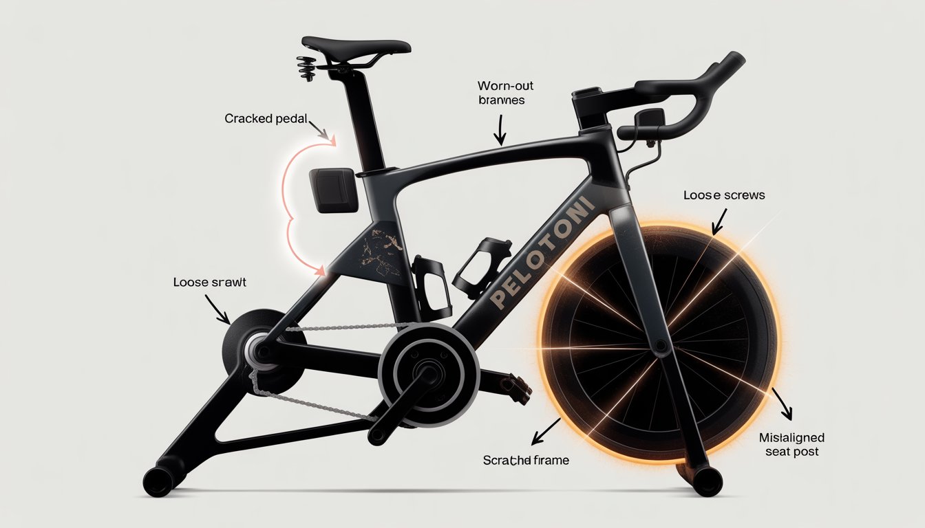 A stationary Peloton bike showing five areas of physical damage including a cracked pedal, worn belt, loose screws, scratched frame, and misaligned seat post.