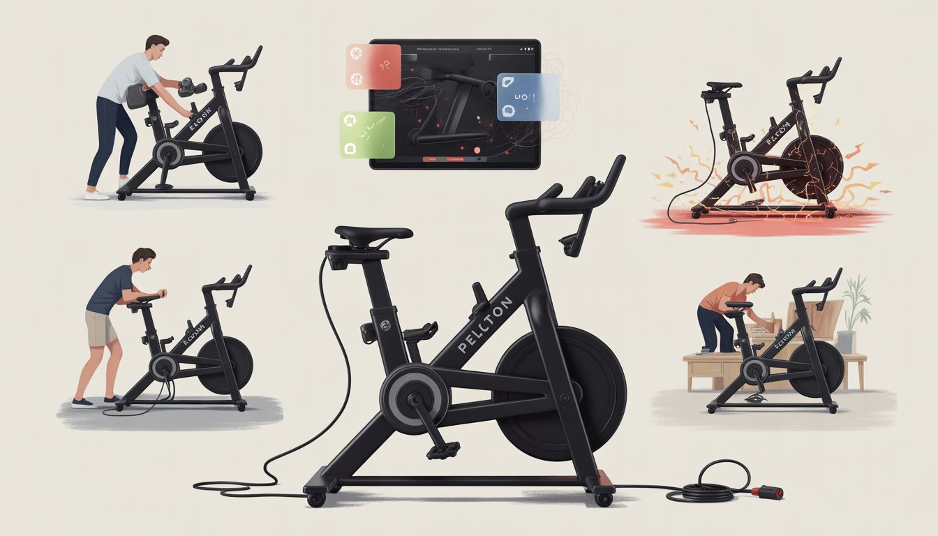 A Peloton bike with visible damage surrounded by five scenes showing unsafe hacks like opening the casing, hacking software, improper charging, unstable use, and removing safety features.