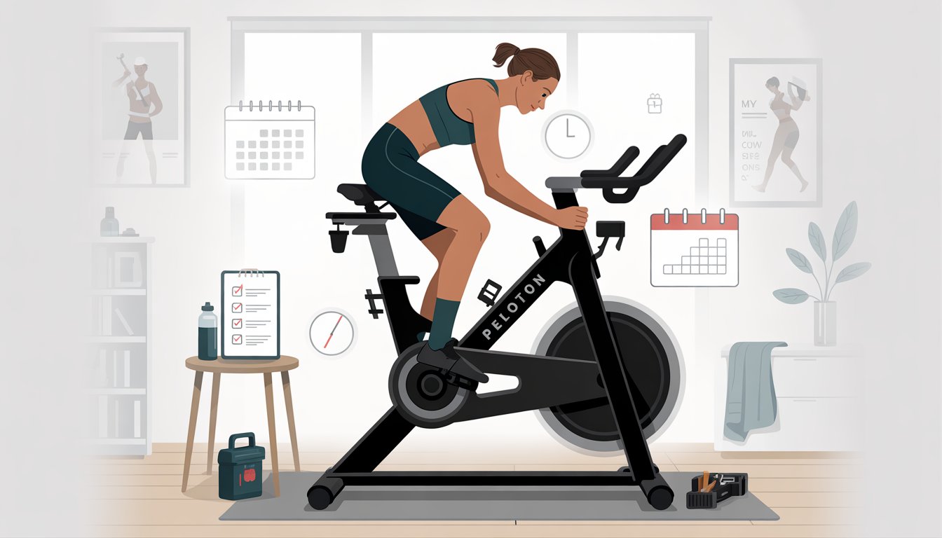 A person adjusting a Peloton bike in a home gym with a toolkit and maintenance checklist nearby, surrounded by fitness equipment.