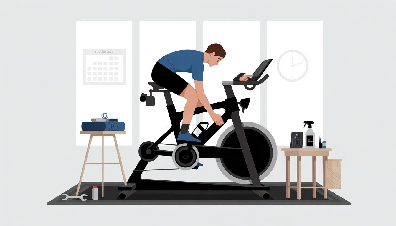 A person performing maintenance on a Peloton bike in a bright, organized indoor cycling space with tools and a calendar symbol in the background.