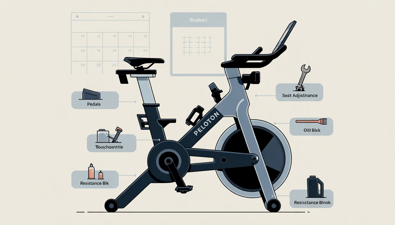 A Peloton bike in a gym with highlighted parts indicating areas that need regular maintenance, surrounded by icons representing tools and a calendar in the background.