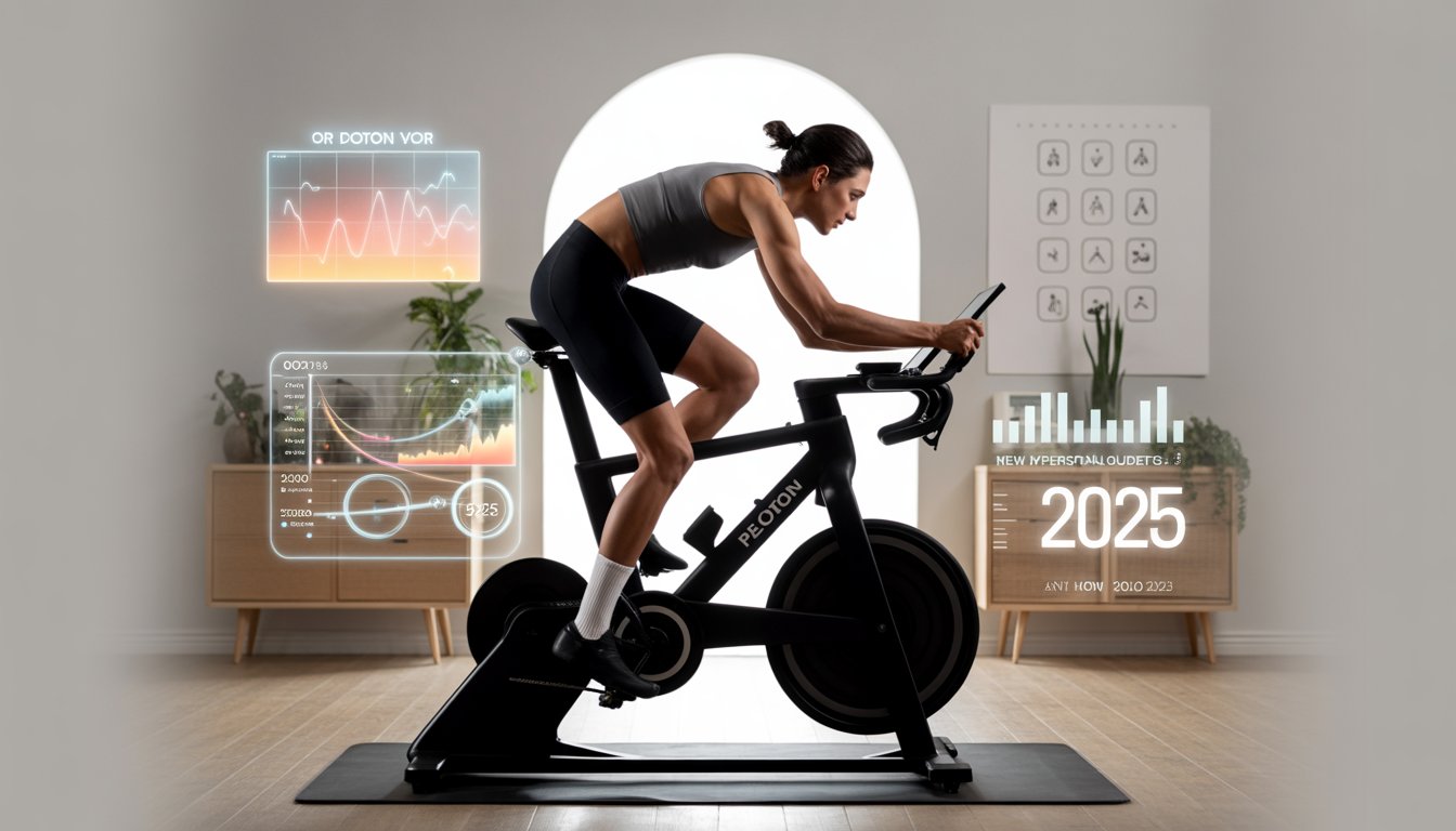 A person riding a Peloton bike in a home gym, surrounded by digital performance metrics and fitness goal symbols, preparing for a new personal record in 2025.