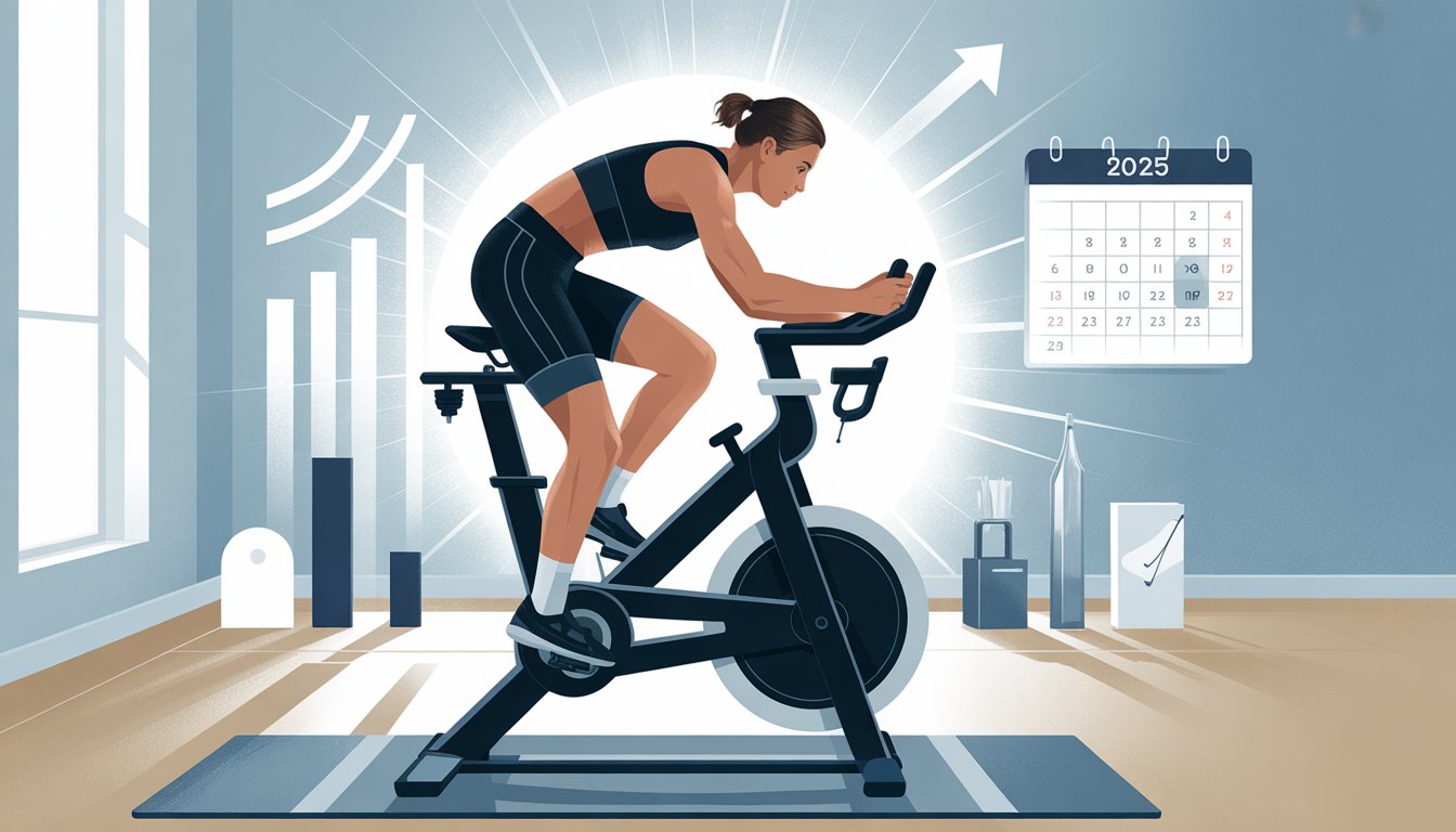 A person exercising on a Peloton bike in a bright home gym, focused and determined, with elements symbolizing progress and success for 2025.