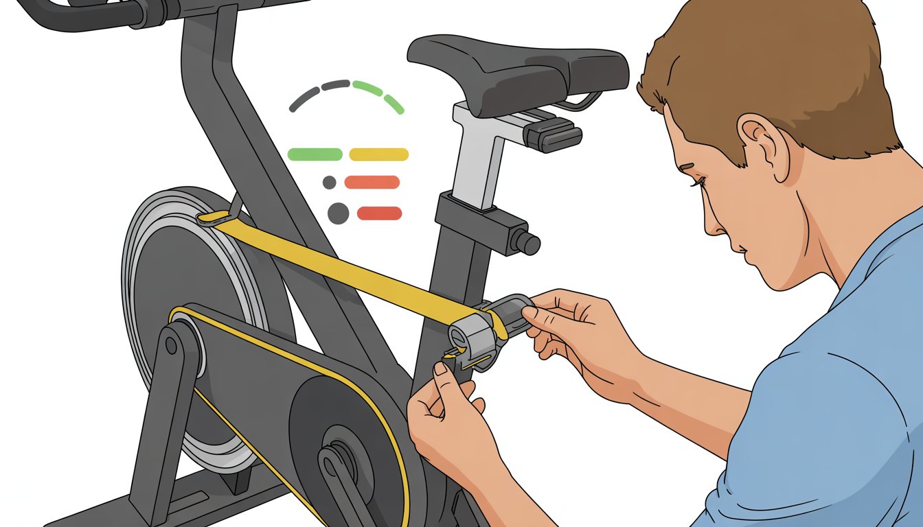 Close-up of a person adjusting the belt tension on a Peloton exercise bike using a tension gauge, showing the belt and tension mechanism.