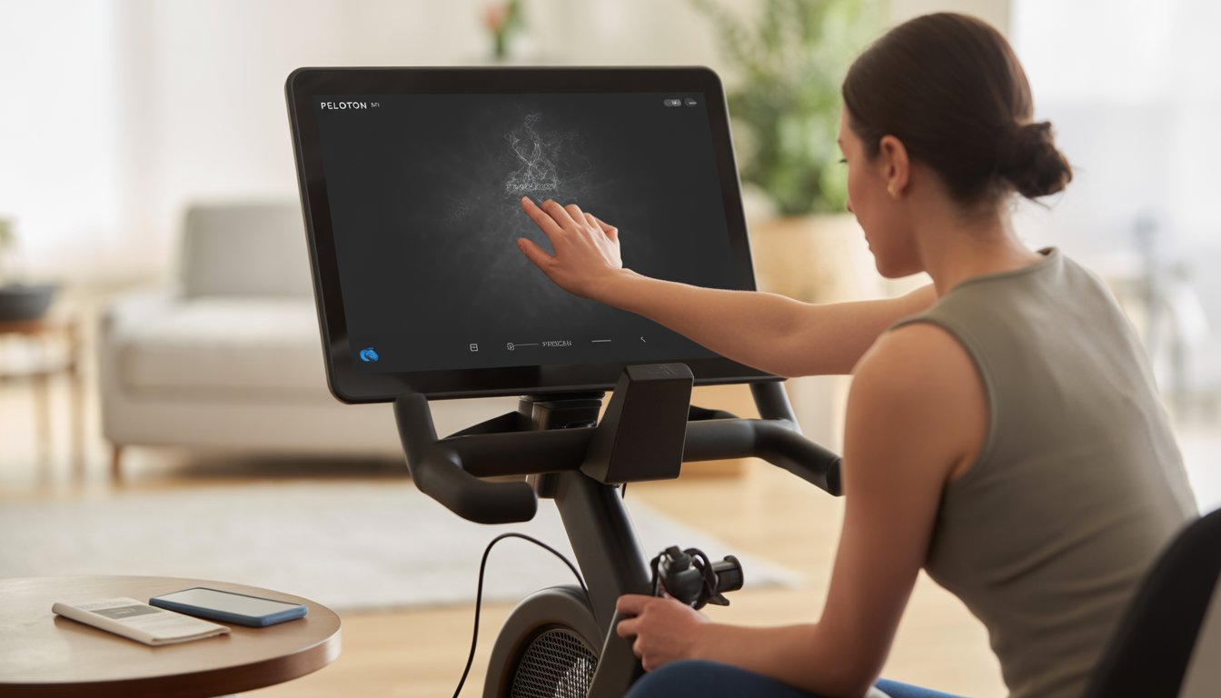 A person troubleshooting a frozen Peloton bike screen by checking the screen and power connection in a home gym.