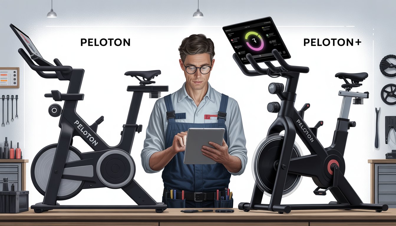 A technician inspects two advanced exercise bikes side by side in a modern workshop, comparing their features and customization options.