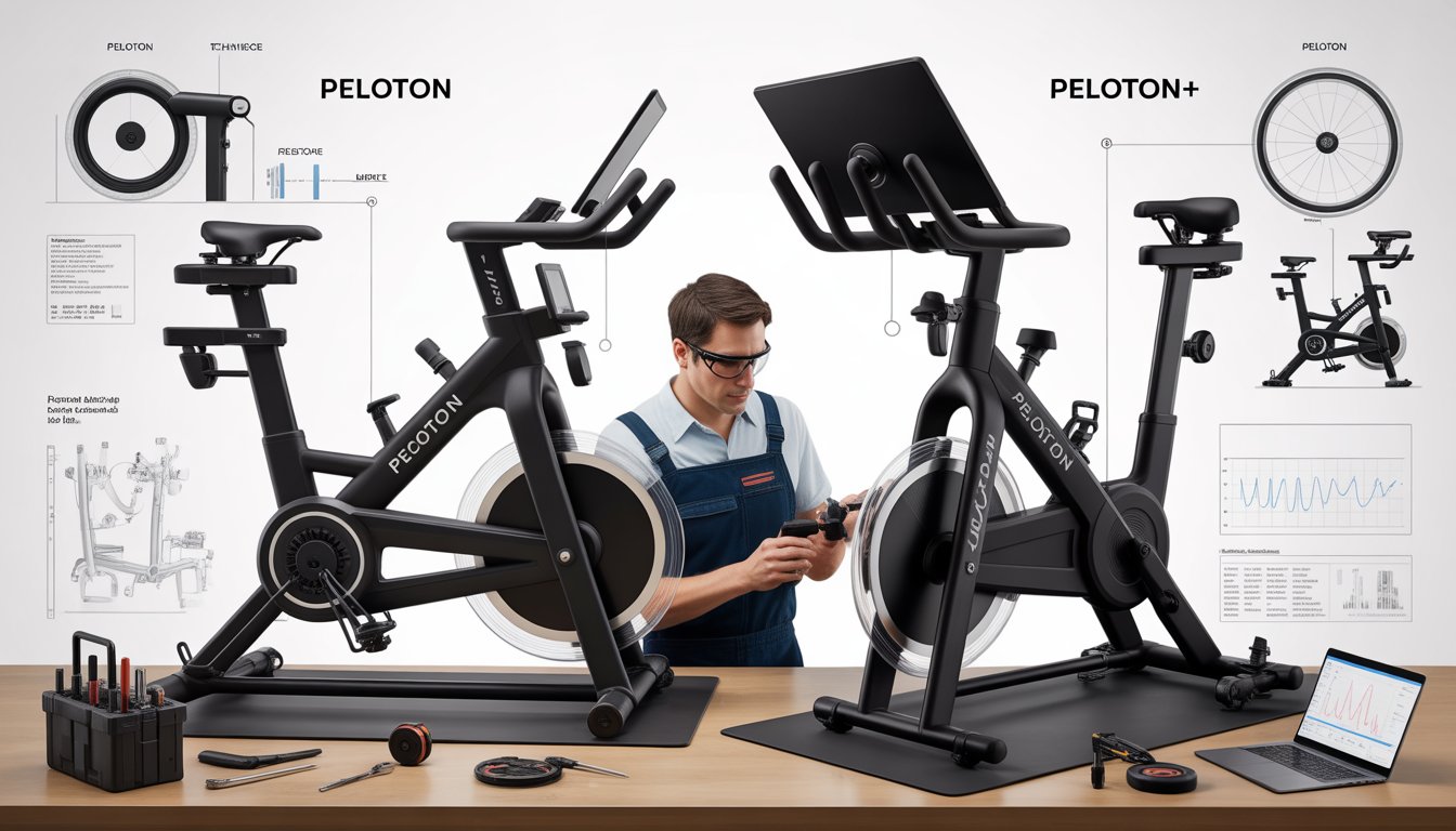 A technician inspects two stationary exercise bikes side by side in a workshop, examining their internal components and features.
