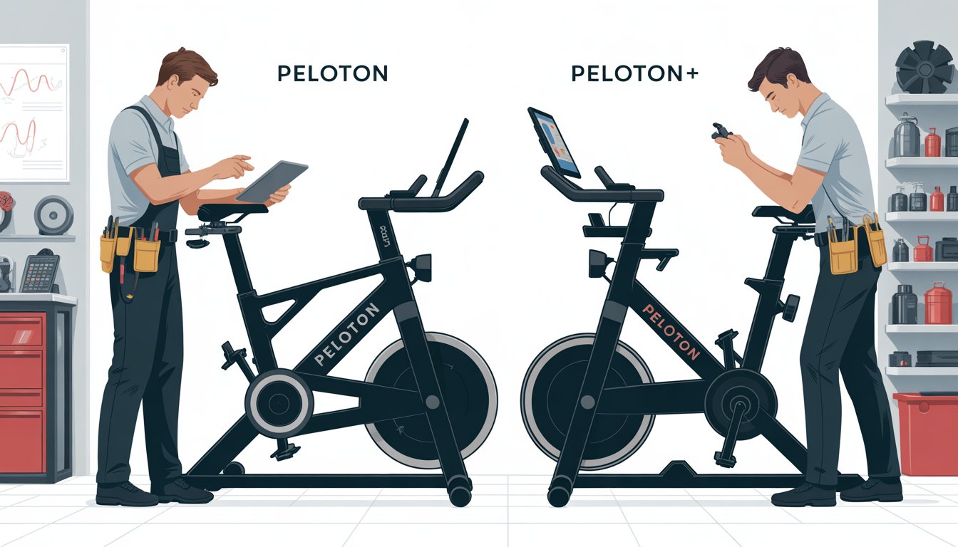 A technician inspecting and maintaining two exercise bikes side by side in a modern workshop.
