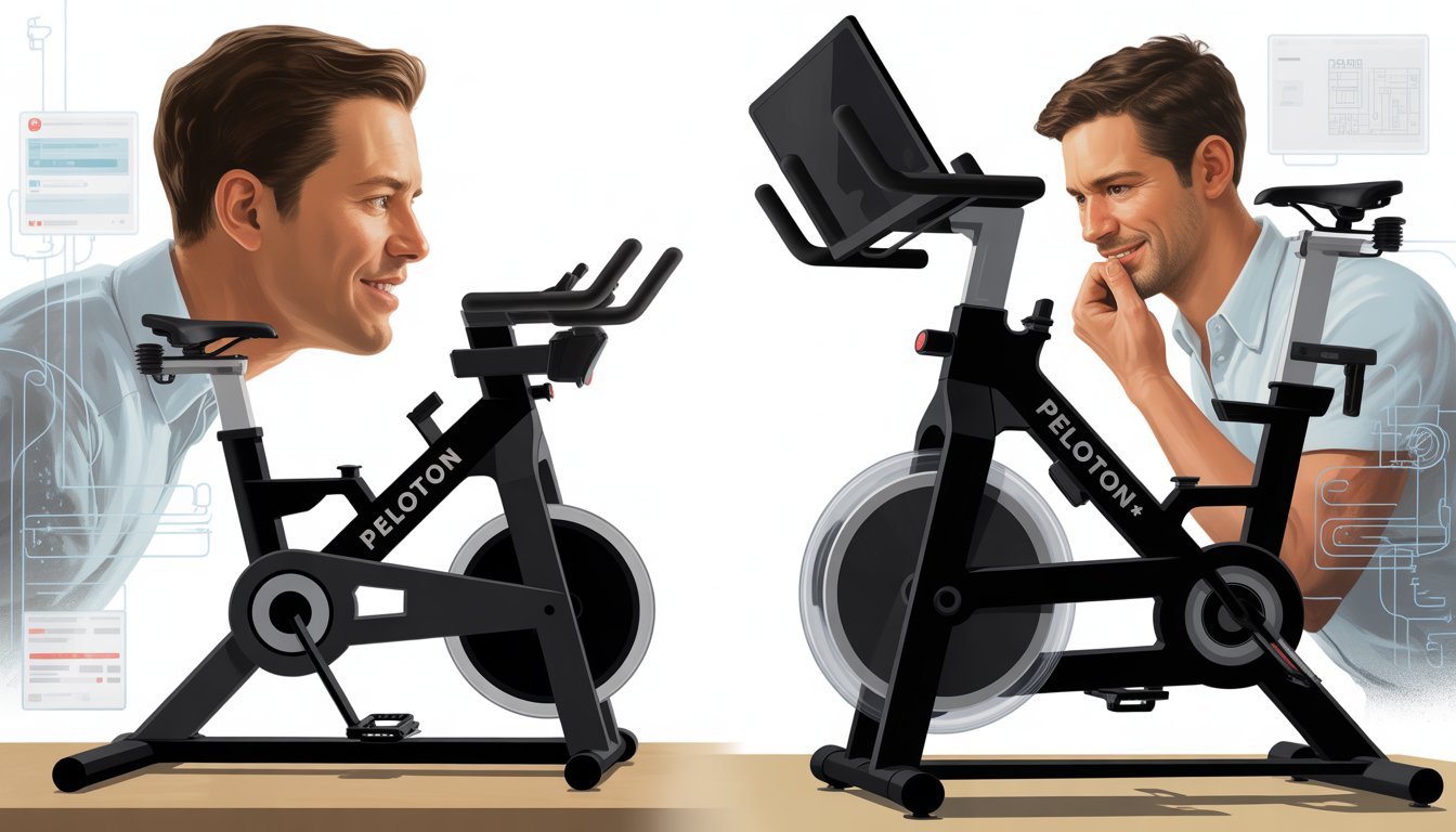 A technician in a workshop comparing two exercise bikes side by side, one standard and one with advanced features.