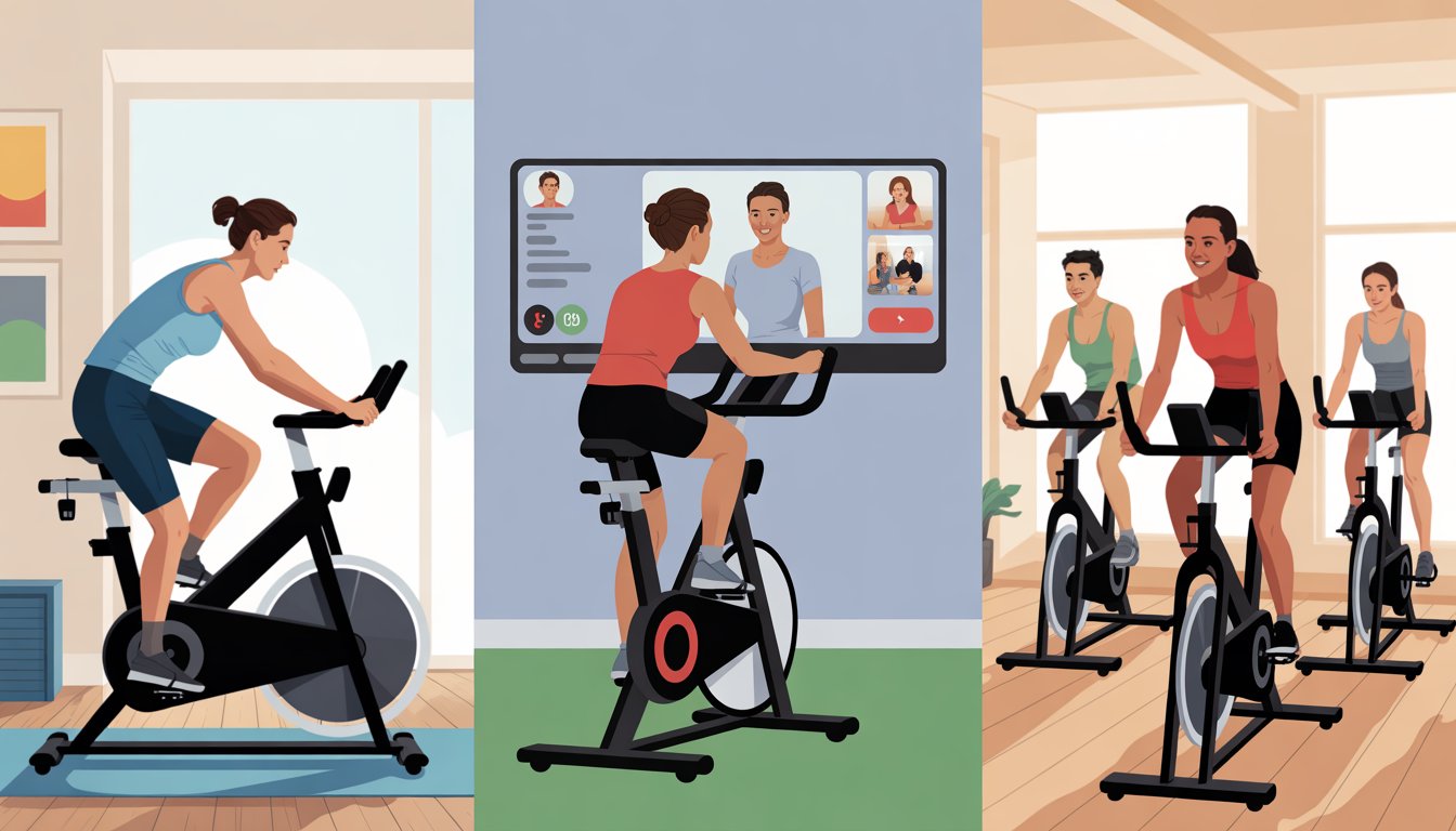 Three scenes showing a person riding a stationary bike alone at home, another riding with an online class on a screen, and a group of people cycling together in a studio class.