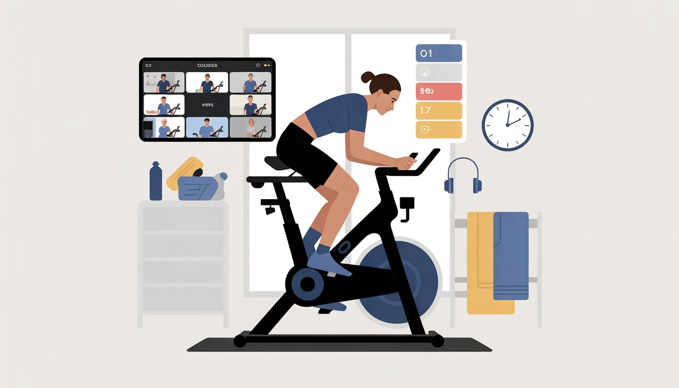 A person riding a stationary fitness bike indoors with a screen showing an online class and a quiet room suggesting solo riding.
