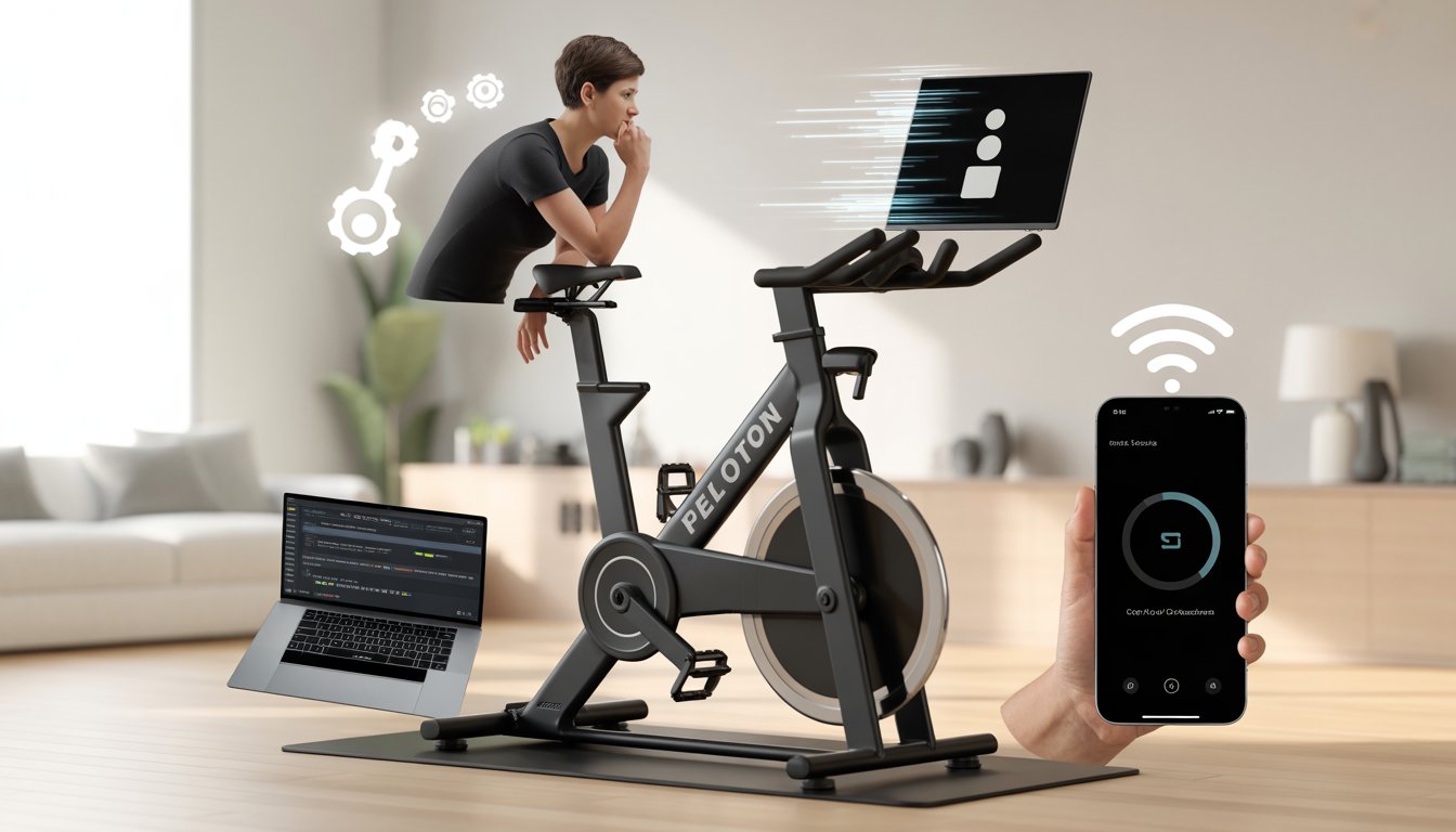 A person troubleshooting a Peloton bike with a frozen screen in a home gym, using a laptop and smartphone nearby.