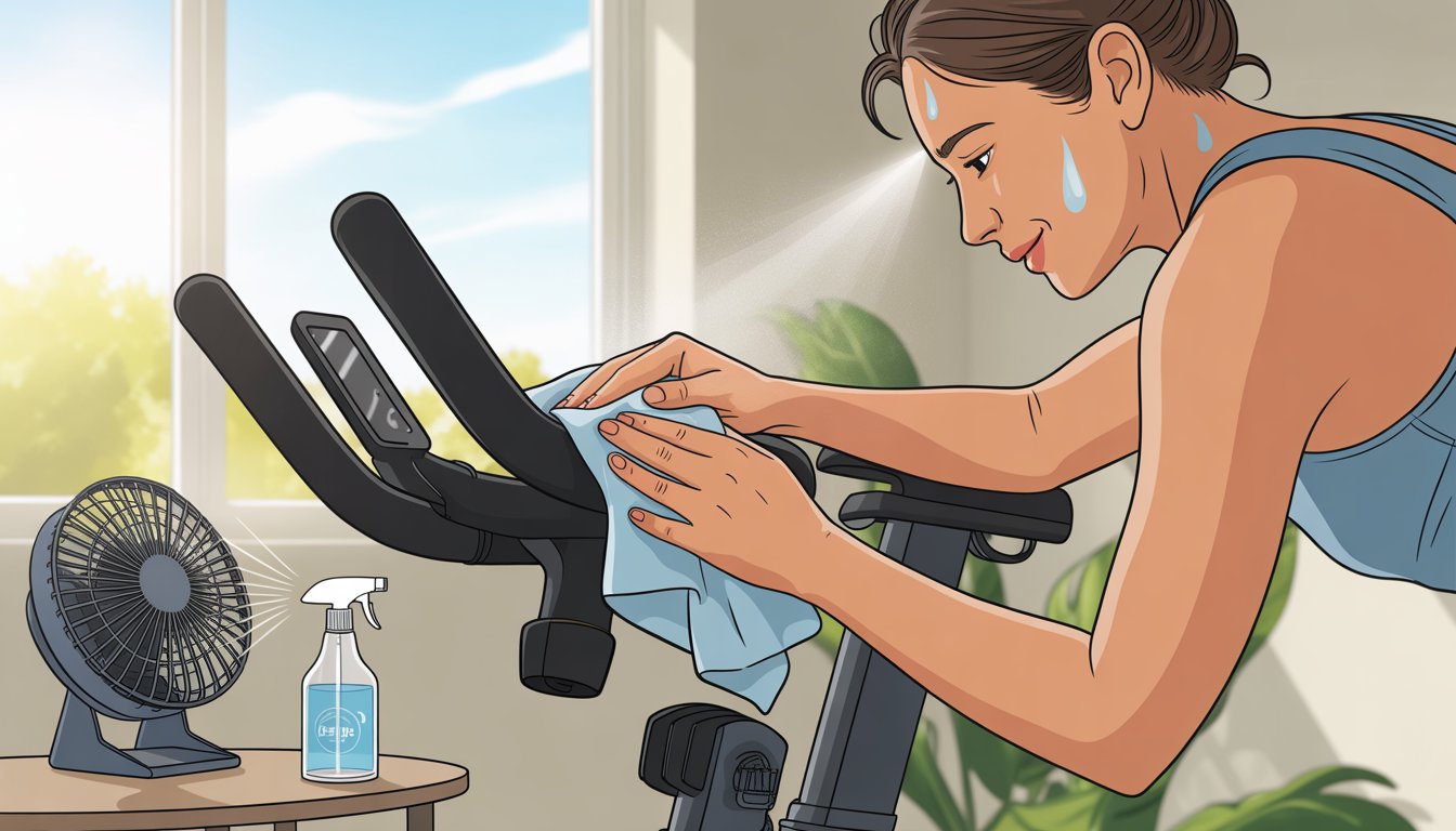 A person cleaning a Peloton bike indoors with a cloth and spray bottle, a fan running nearby, and sunlight coming through a window.