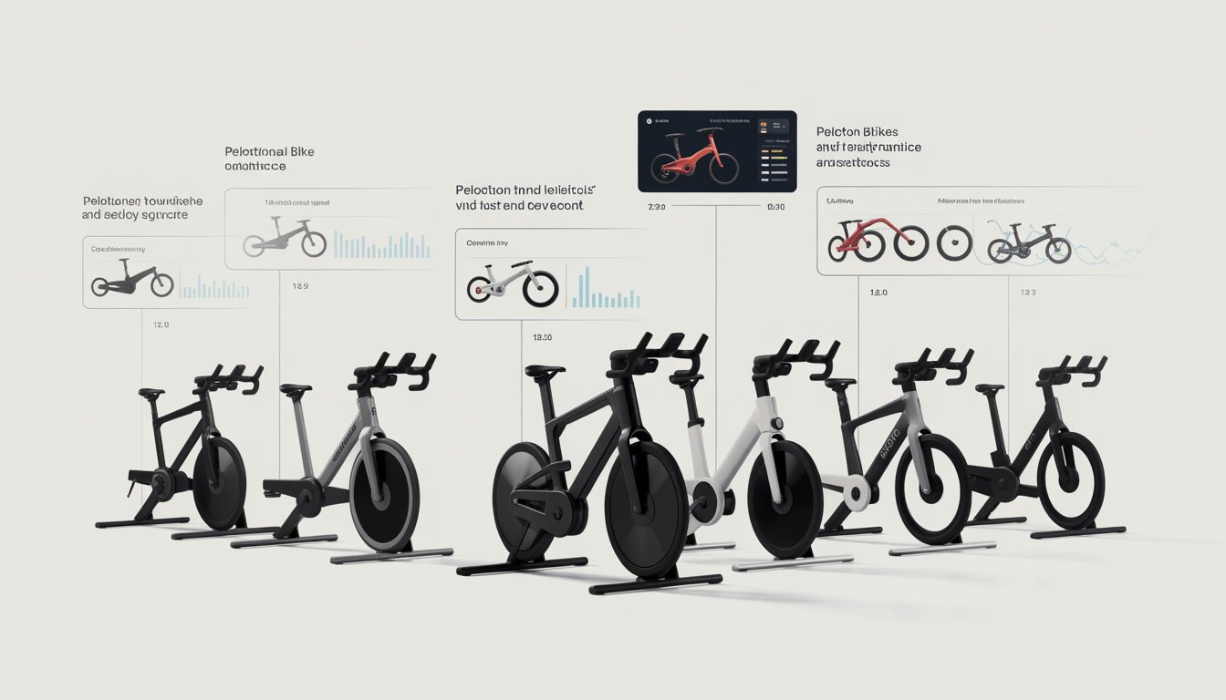 An illustration showing different Peloton bike models arranged side by side with visual indicators of common problems related to each bike's age and maintenance.