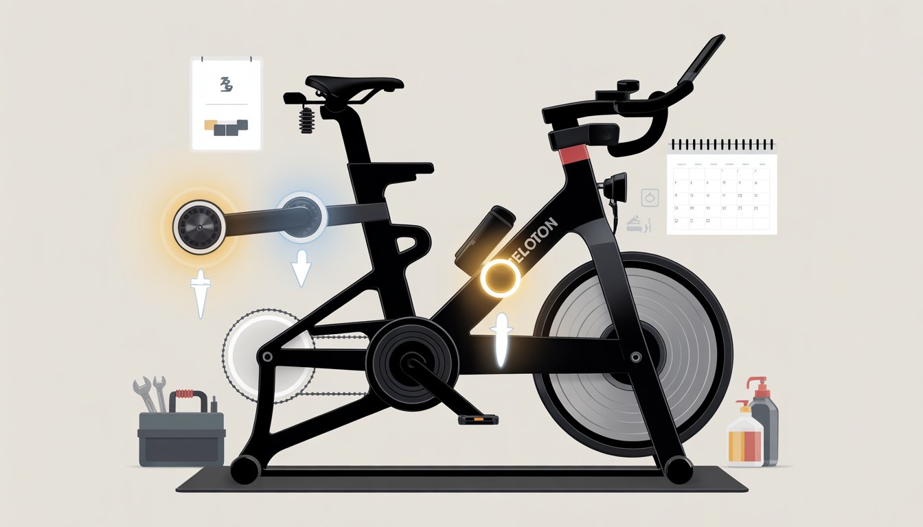 Close-up view of a Peloton bike with key parts highlighted, surrounded by maintenance tools and symbols representing care and prevention.