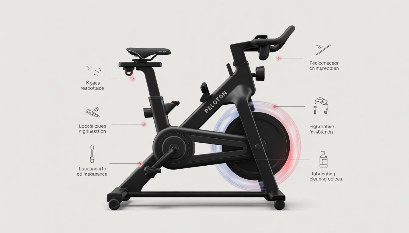 Close-up illustration of a Peloton bike highlighting key parts prone to failure with visual indicators and maintenance tools around it.