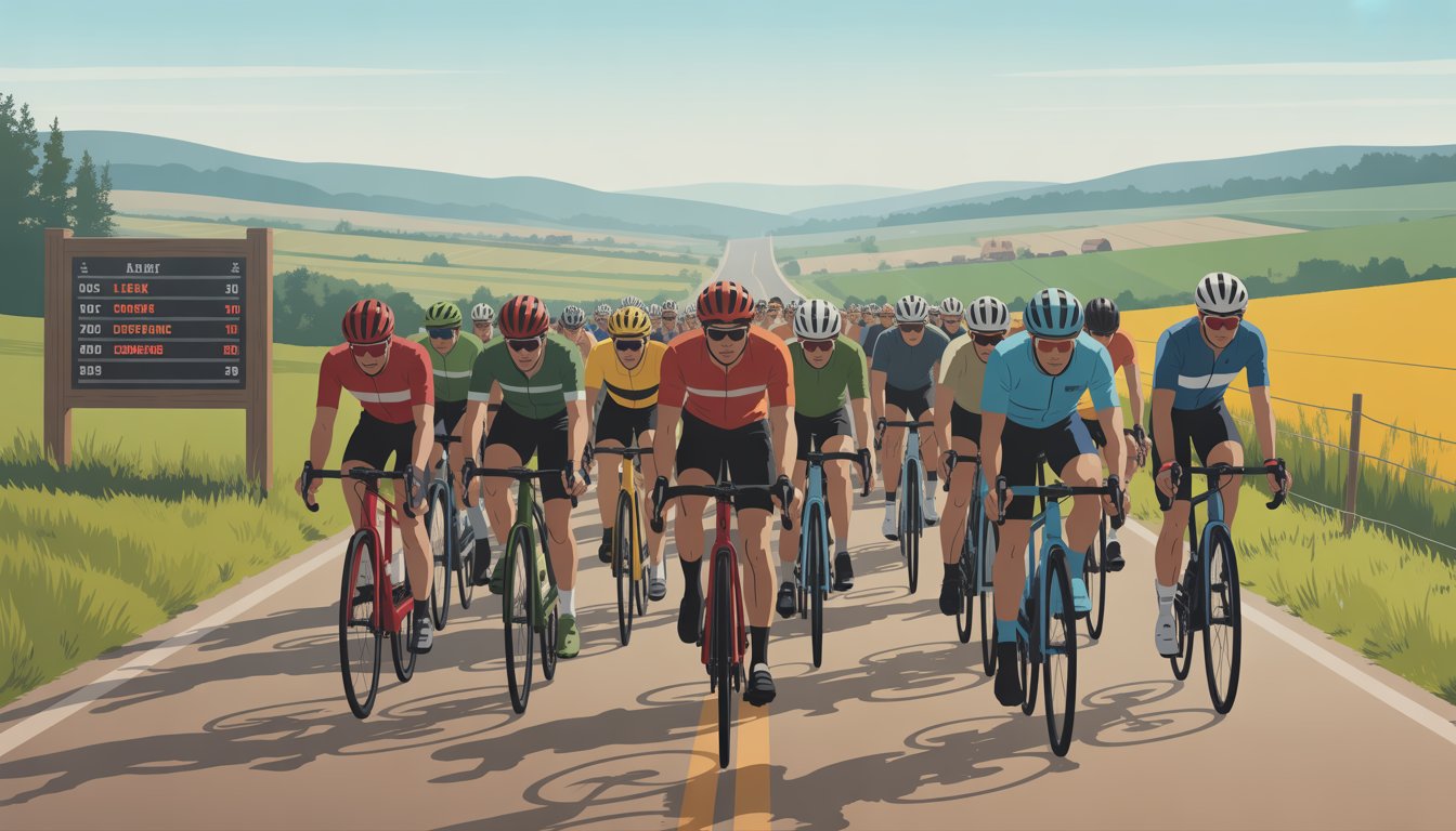 A group of cyclists riding together on a countryside road with fields and farms in the background, showing teamwork and friendly competition among them.