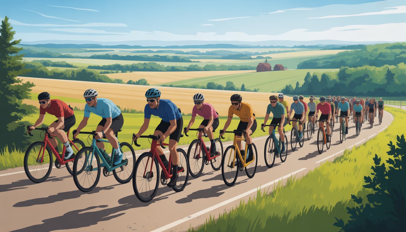 A group of cyclists riding together on a country road surrounded by farmland and trees under a blue sky.