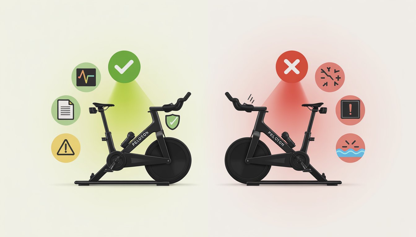 A split illustration showing a Peloton bike with green checkmarks and icons for covered warranty items on one side, and red crosses with icons for items not covered on the other side.